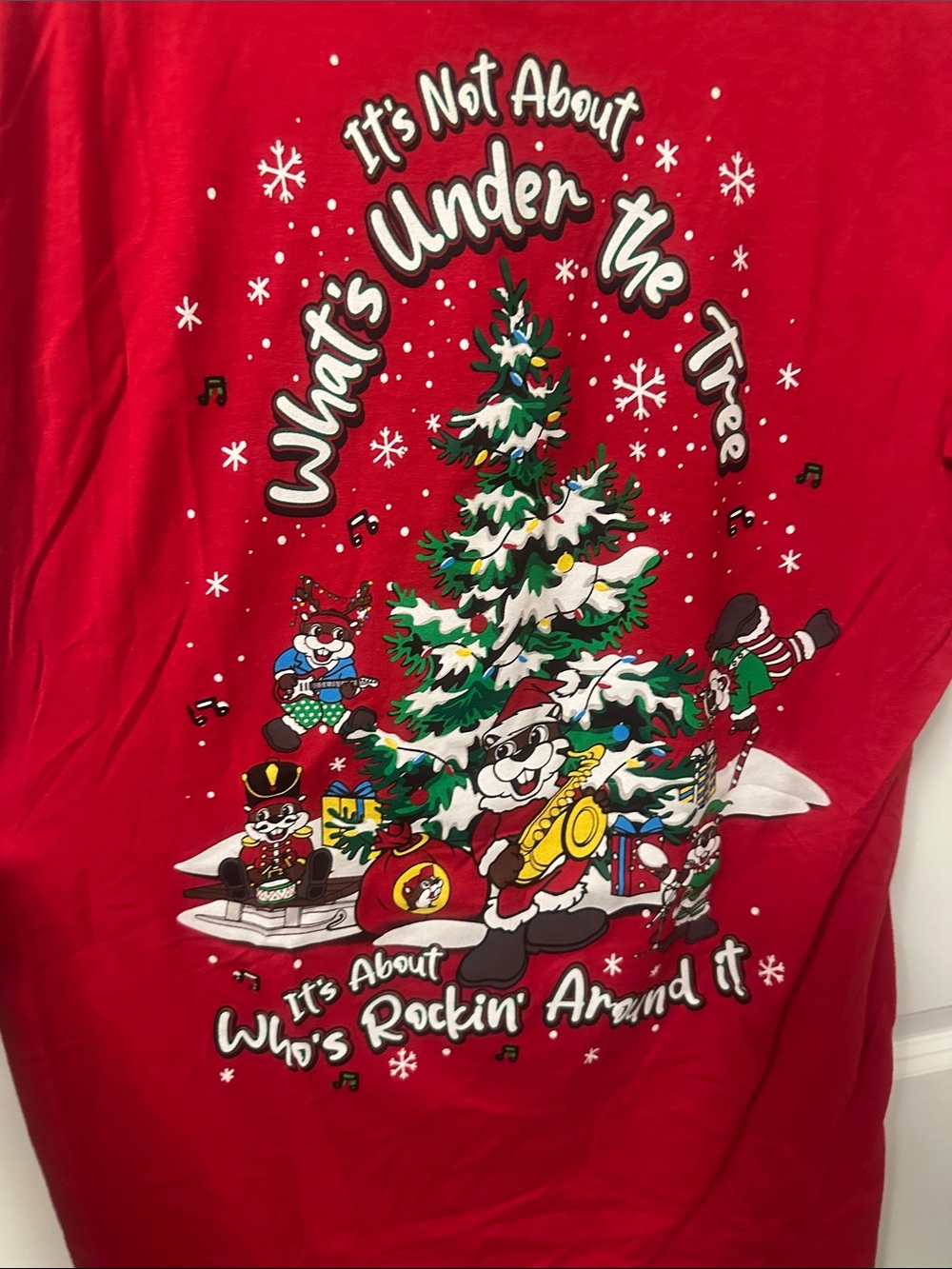 Red Holiday Graphic Tee — Festive Tree Rocking Design